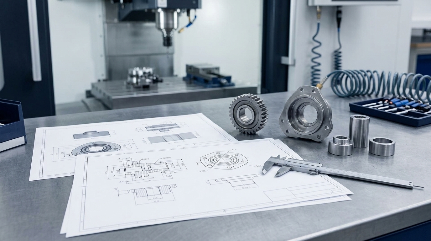 Precision machined replacement parts displayed with engineering drawings