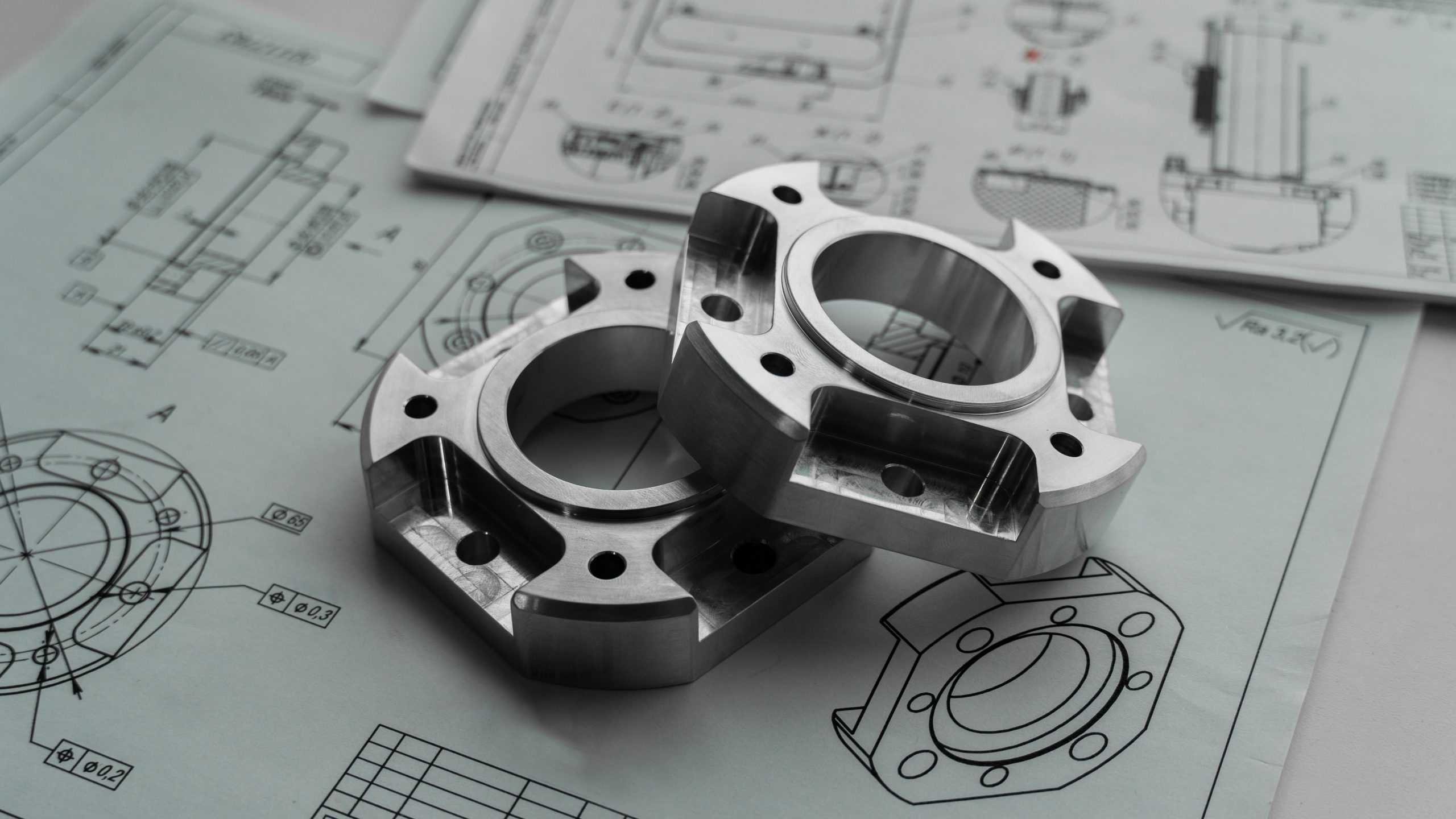 Machined metal components in different materials and finishes