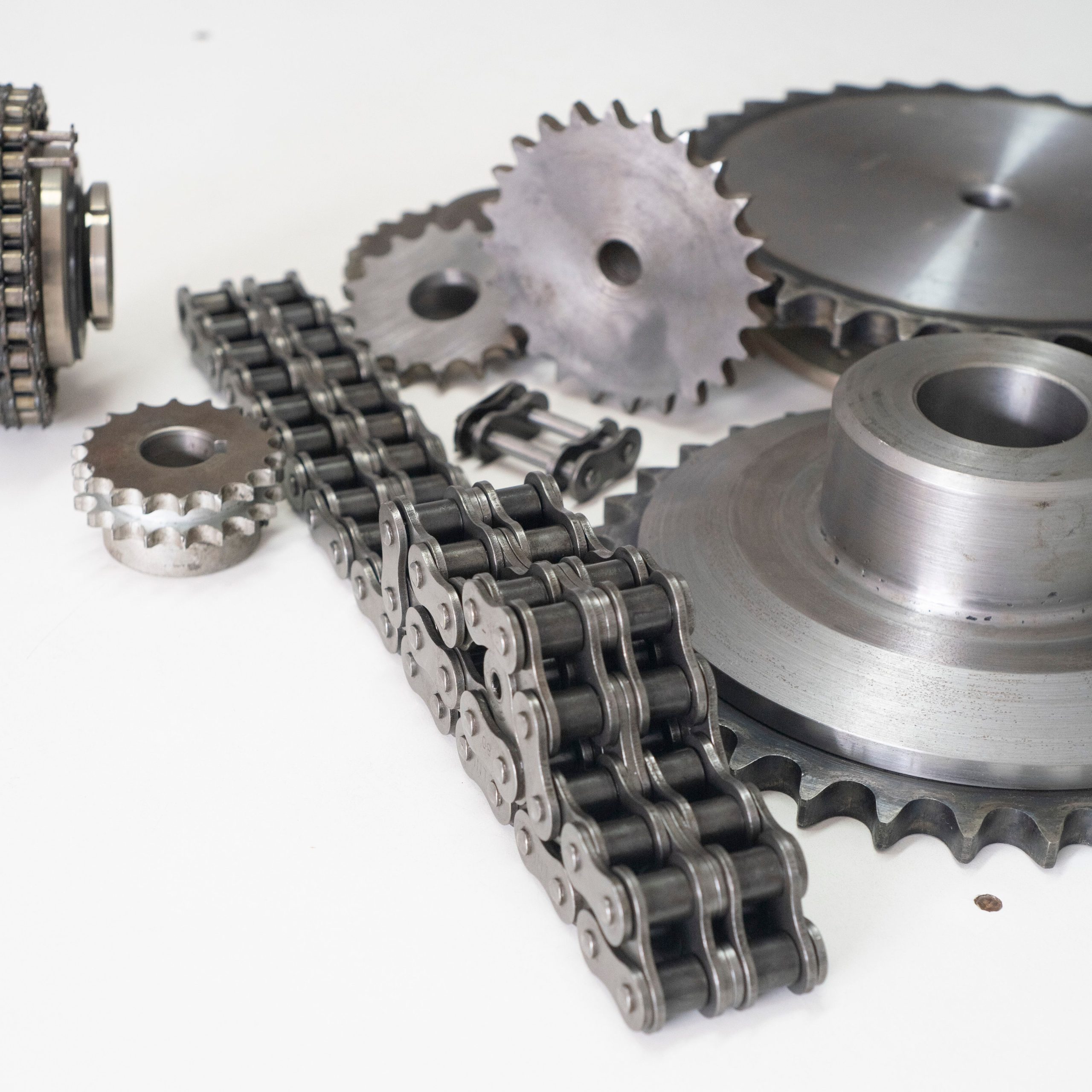 Chain and sprockets on a white background